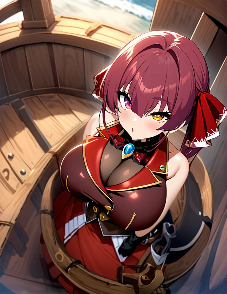 houshou marine,1girl,solo,Only the right eye is yellow,Super huge breasts,looking at viewer,Taken from the viewpoint above,upturned eyes,near,standing up,in Big pirate ship