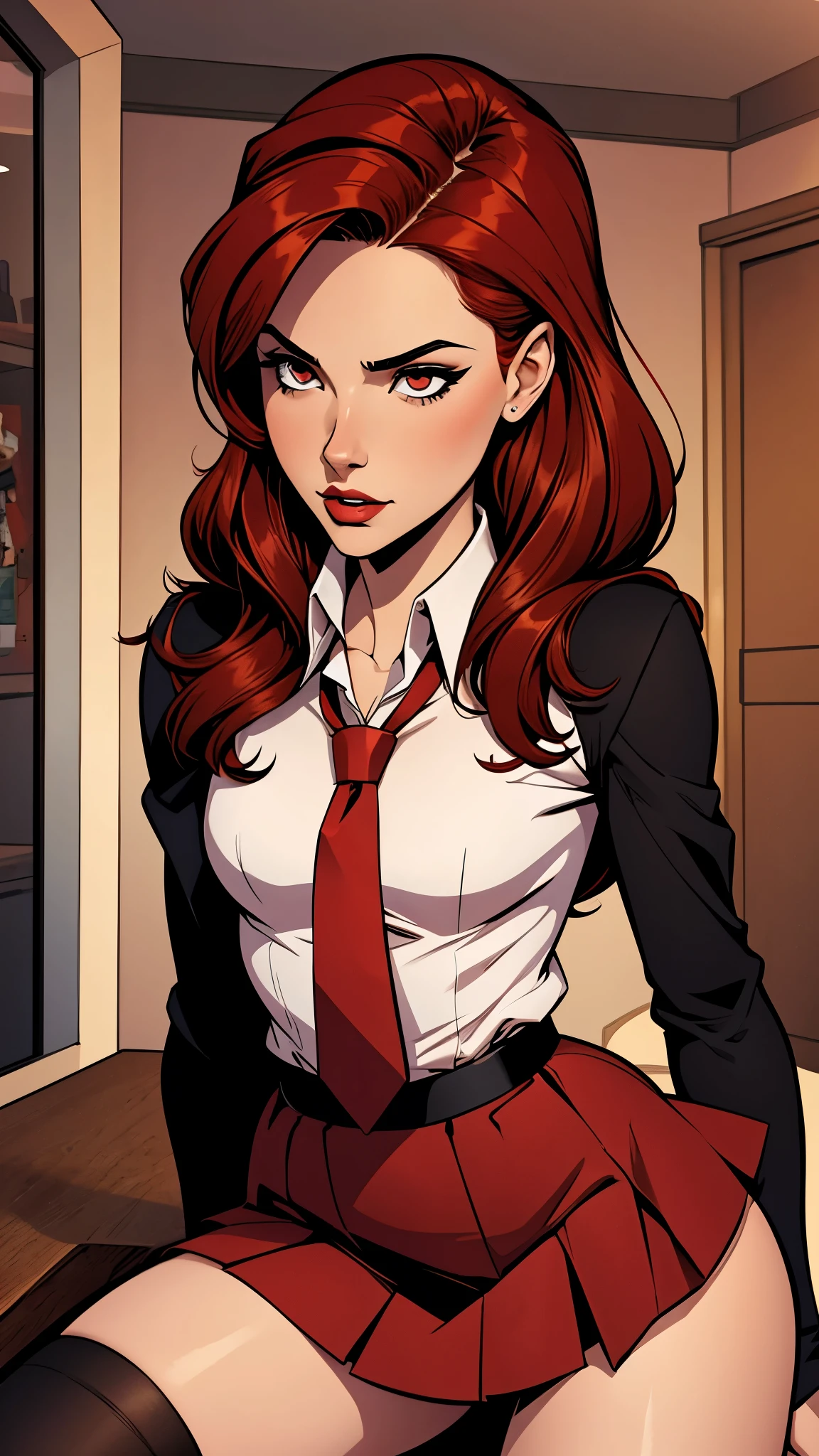 brunette woman , 21 years old year old, thin and small, college uniform, red tie, red hair, beauty, high stocking, black skirt. Comic style