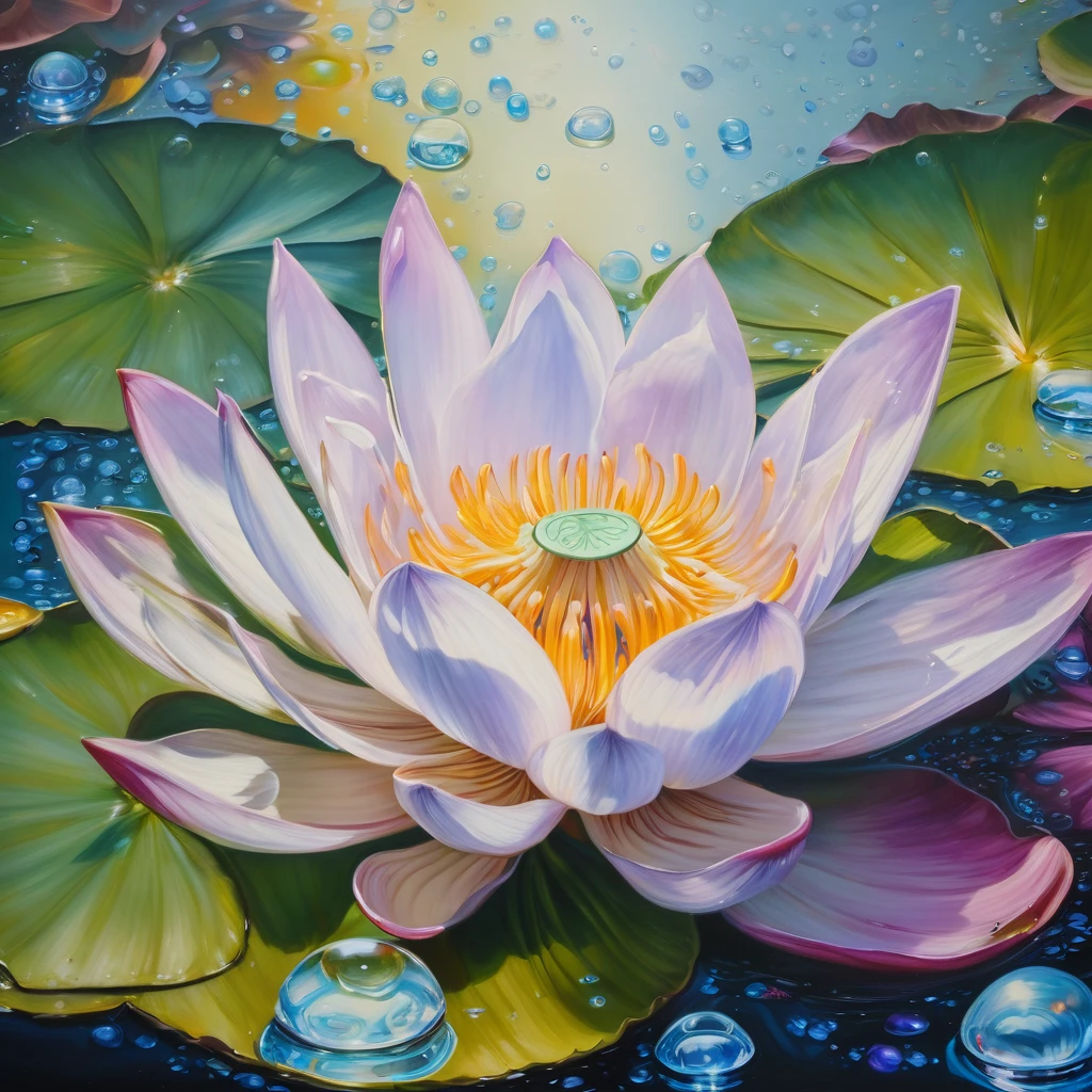 Close-up of a flower，There are bubbles in the background, Realistic flower oil painting, detailed flowers, Glittering petals, Surrounded by flowers, Lotus, Detailed 4k, lily, Stunning artwork, Hyper-realistic soft painting, Beautiful flowers, Surrealism soft painting, Beautiful painting, Amazing depth, Describing a flower, Elegant painting style, Beautiful flowerss and crystals