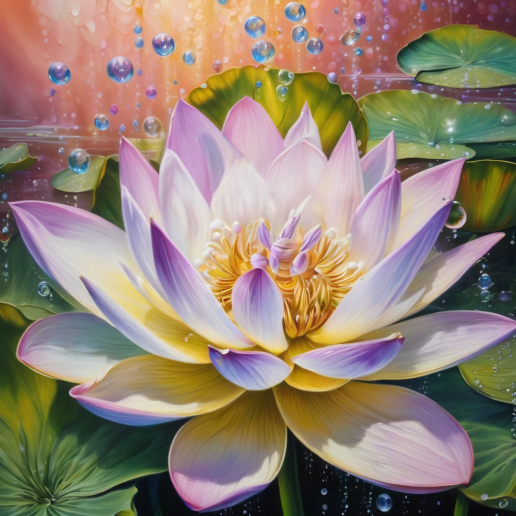 Close-up of a flower，There are bubbles in the background, Realistic flower oil painting, detailed flowers, Glittering petals, Surrounded by flowers, Lotus, Detailed 4k, lily, Stunning artwork, Hyper-realistic soft painting, Beautiful flowers, Surrealism soft painting, Beautiful painting, Amazing depth, Describing a flower, Elegant painting style, Beautiful flowerss and crystals