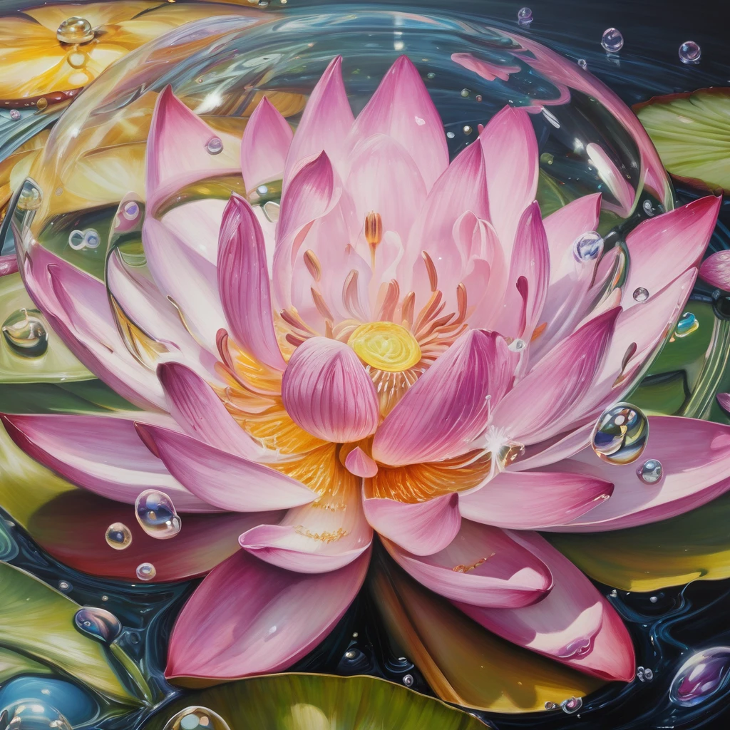 Close-up of a flower，There are bubbles in the background, Realistic flower oil painting, detailed flowers, Glittering petals, Surrounded by flowers, Lotus, Detailed 4k, lily, Stunning artwork, Hyper-realistic soft painting, Beautiful flowers, Surrealism soft painting, Beautiful painting, Amazing depth, Describing a flower, Elegant painting style, Beautiful flowerss and crystals