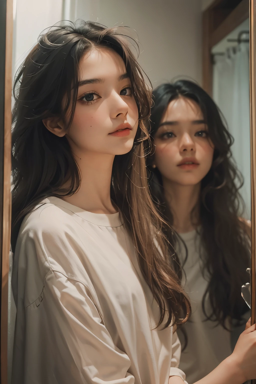 2 raped women with permed hair, twin, what makeup, without makeup, Centrally separated curtain bangs, Profile picture, Use Instagram Filters, Subtle soft and dim light, Pose looking back at the mirror, couple, perfect face, julia sardinian, perfect hands, Random behavior, (full_body),