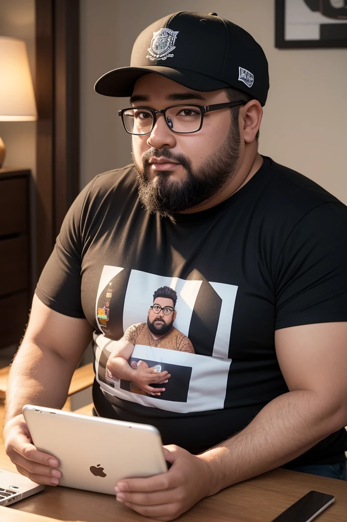 create a 3d illustration of an animated latin american character with glasses sitting casually on top of a social media logo "instagramart". The character must wear a black t-shirt, wearing a hat, brown skin color, slightly brown eyes, is a little overweight, beard and holding a smartphone. The background of the image is a social media profile page with user profile name called "Curious Fat Man" in Portuguese and a corresponding profile photo