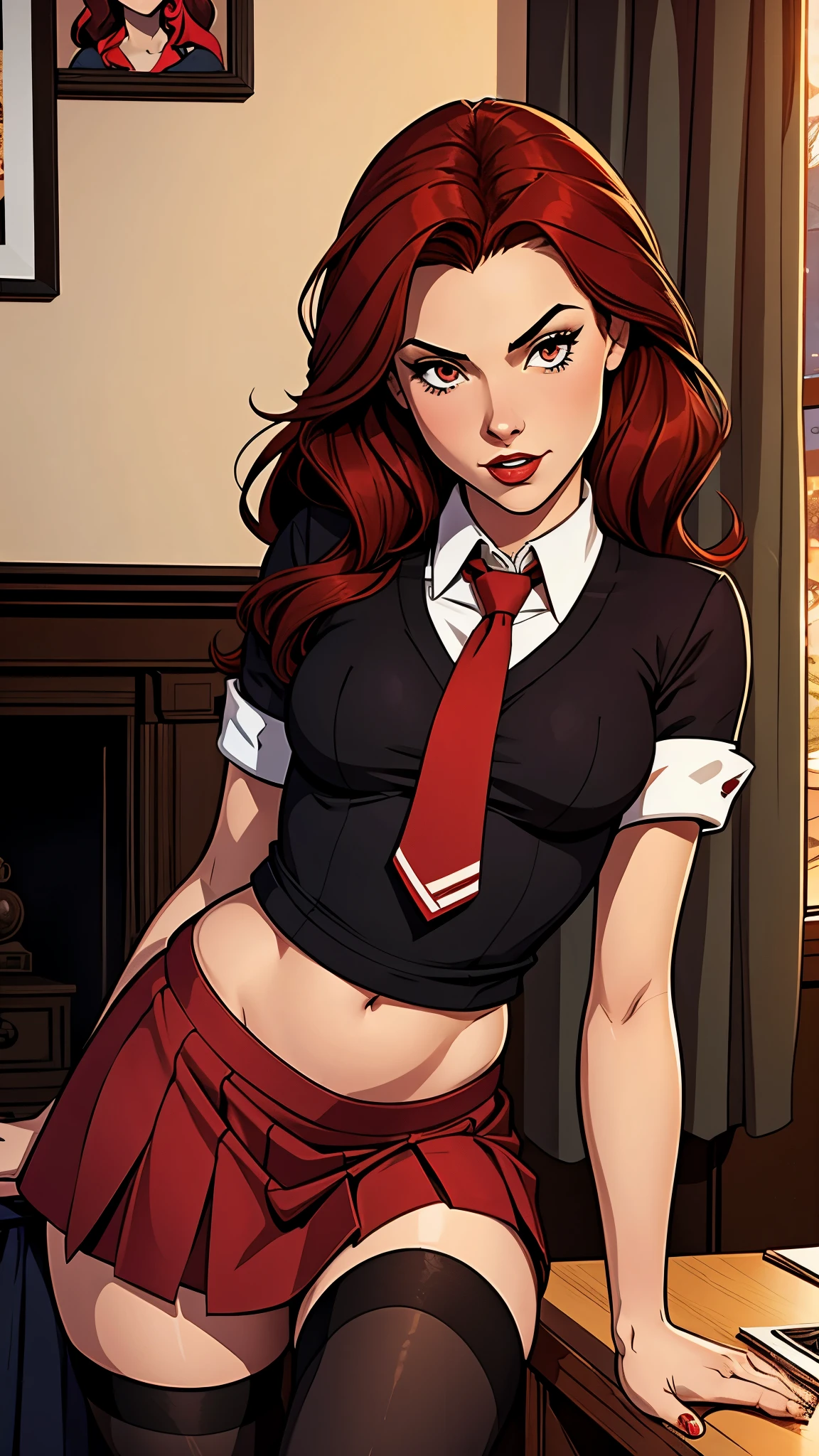 brunette woman , 21 years old year old, thin and small, college uniform, red tie, red hair, beauty, high stocking, black skirt. Comic style