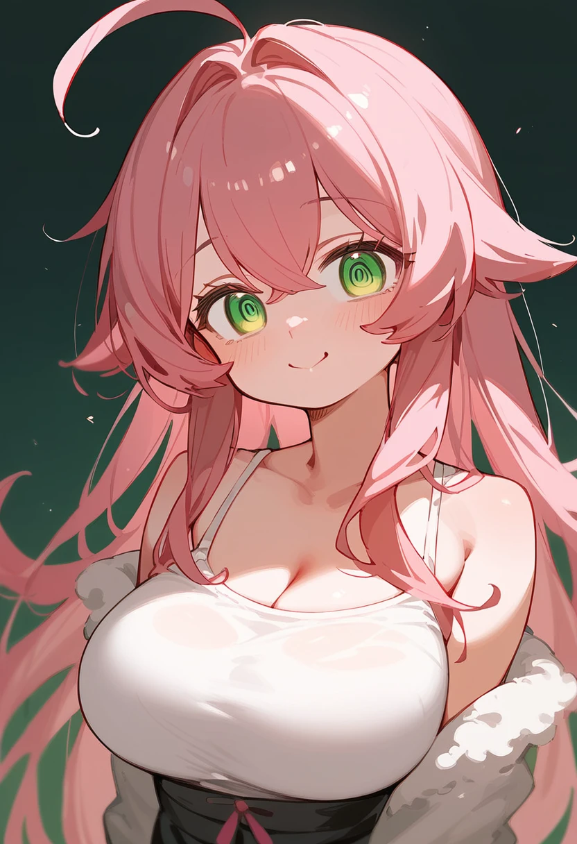 One Girl、Young Girl、Big Breasts、Pink Hair、Long Hair、Straight Hair、Ahoge、kind、Green Eyes、smile、Droopy eyes、Kissing Face