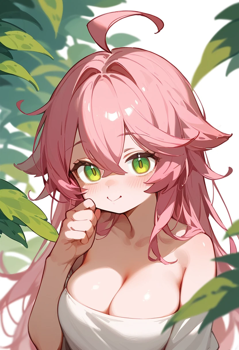 One Girl、Young Girl、Big Breasts、Pink Hair、Long Hair、Straight Hair、Ahoge、kind、Green Eyes、smile、Droopy eyes、Kissing Face