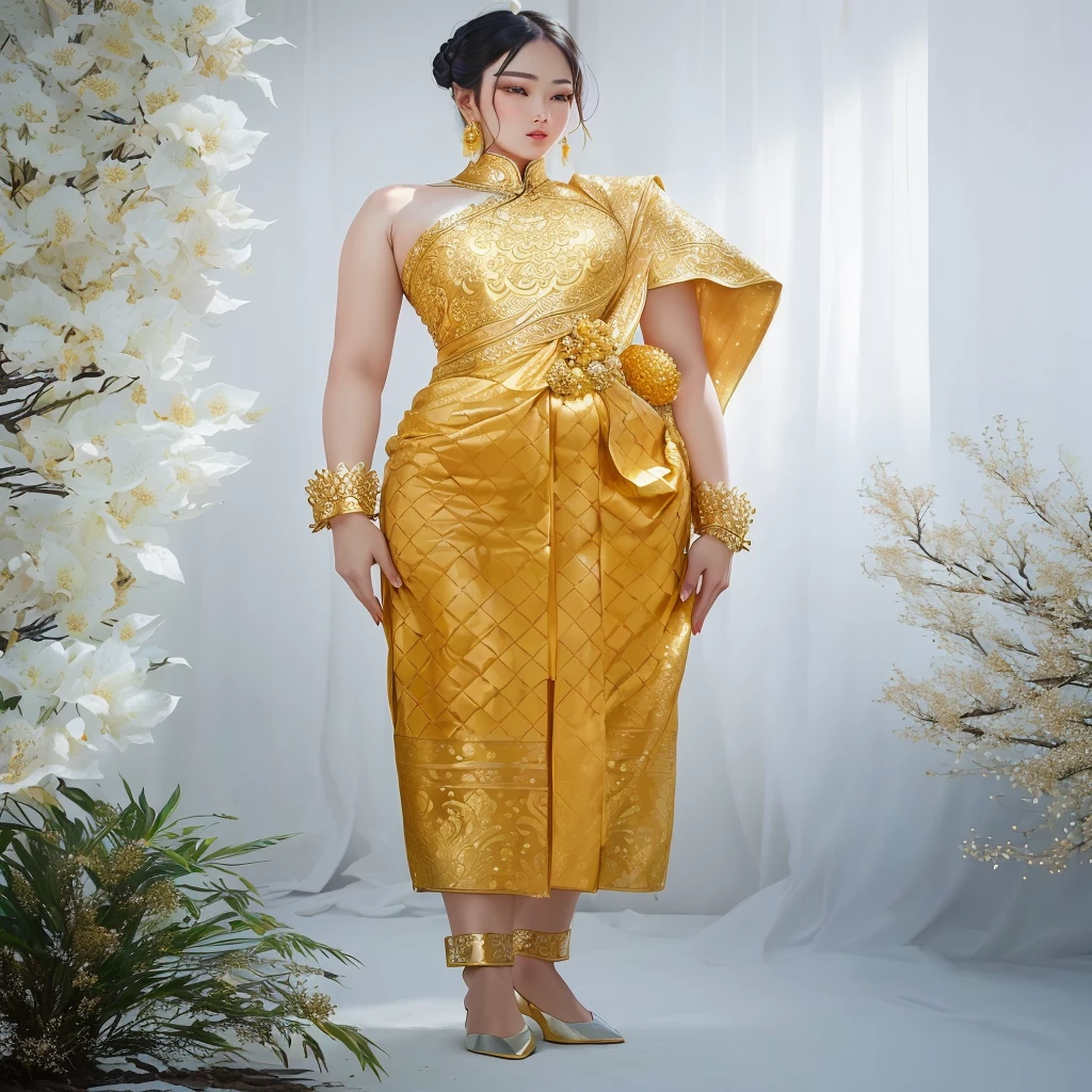 arafed woman in a golden dress standing in front of a white backdrop, sukhothai costume, draped in silky gold, gold clothes, draped in gold, idian dress, inspired by Tang Di, ao dai, in style of thawan duchanee, golden robes, inspired by Jin Nong, intricate silk clothing, gilded outfit, gold silk, tai costume