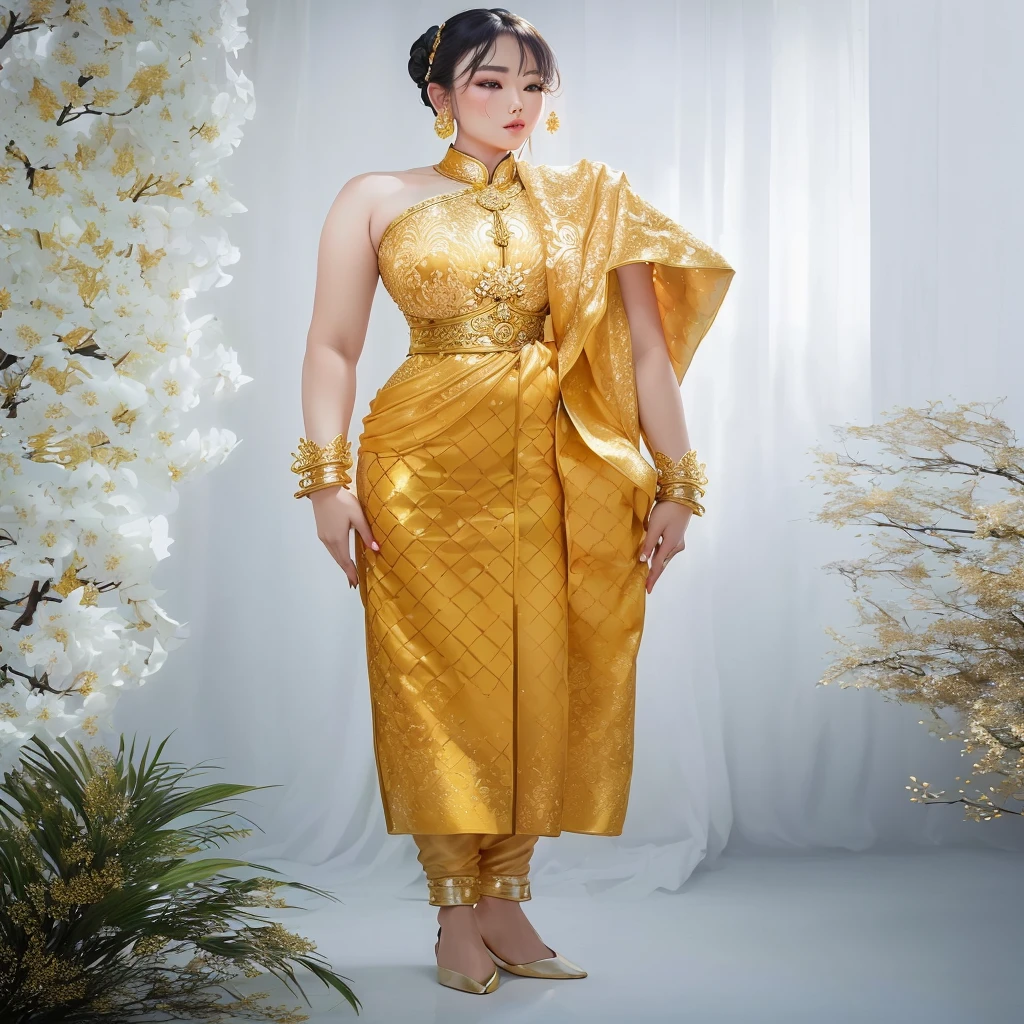 arafed woman in a golden dress standing in front of a white backdrop, sukhothai costume, draped in silky gold, gold clothes, draped in gold, idian dress, inspired by Tang Di, ao dai, in style of thawan duchanee, golden robes, inspired by Jin Nong, intricate silk clothing, gilded outfit, gold silk, tai costume