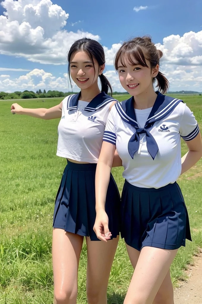 2 girls walking in rural field,rural train on far side,cumulonimbus cloud in summer blue sky,white sailor shirt and navy blue pleated skirt,18-year-old,bangs,a little smile,thighs,knees,wet short hair with low pigtails bunches,from beside,front light