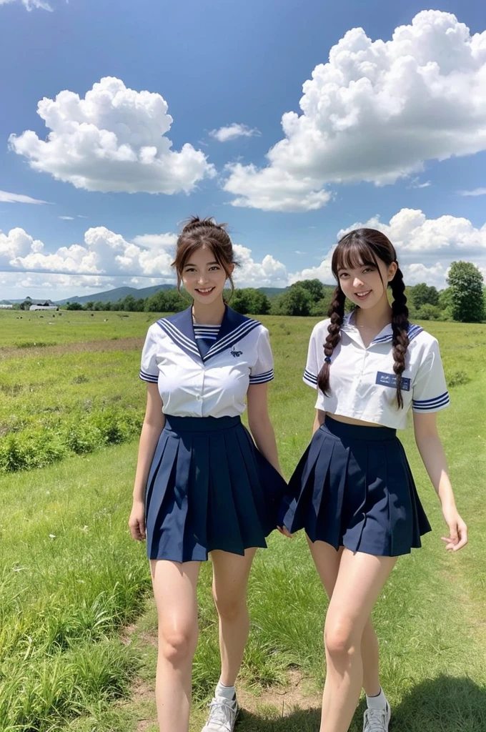 2 girls walking in rural field,rural train on far side,cumulonimbus cloud in summer blue sky,white sailor shirt and navy blue pleated skirt,18-year-old,bangs,a little smile,thighs,knees,wet short hair with low pigtails bunches,from beside,front light