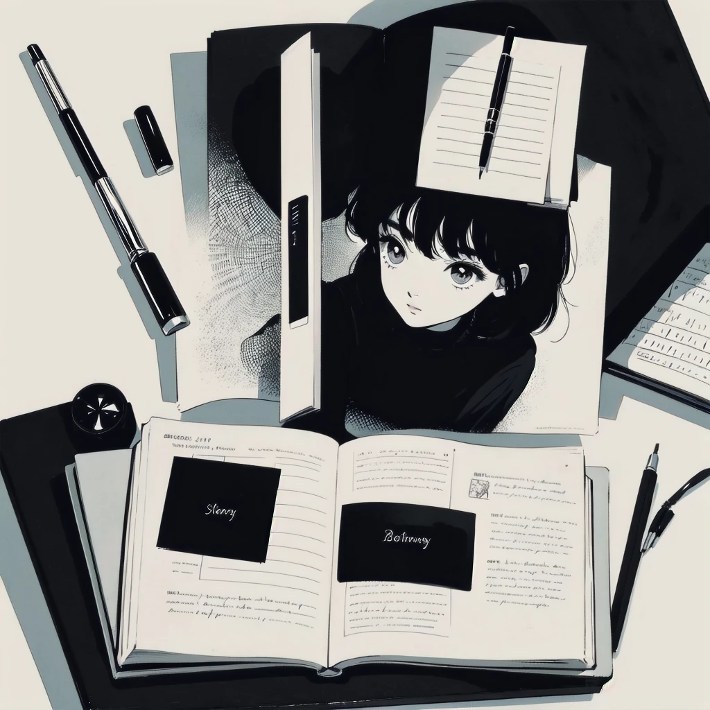 black hair, writing diary, black and white