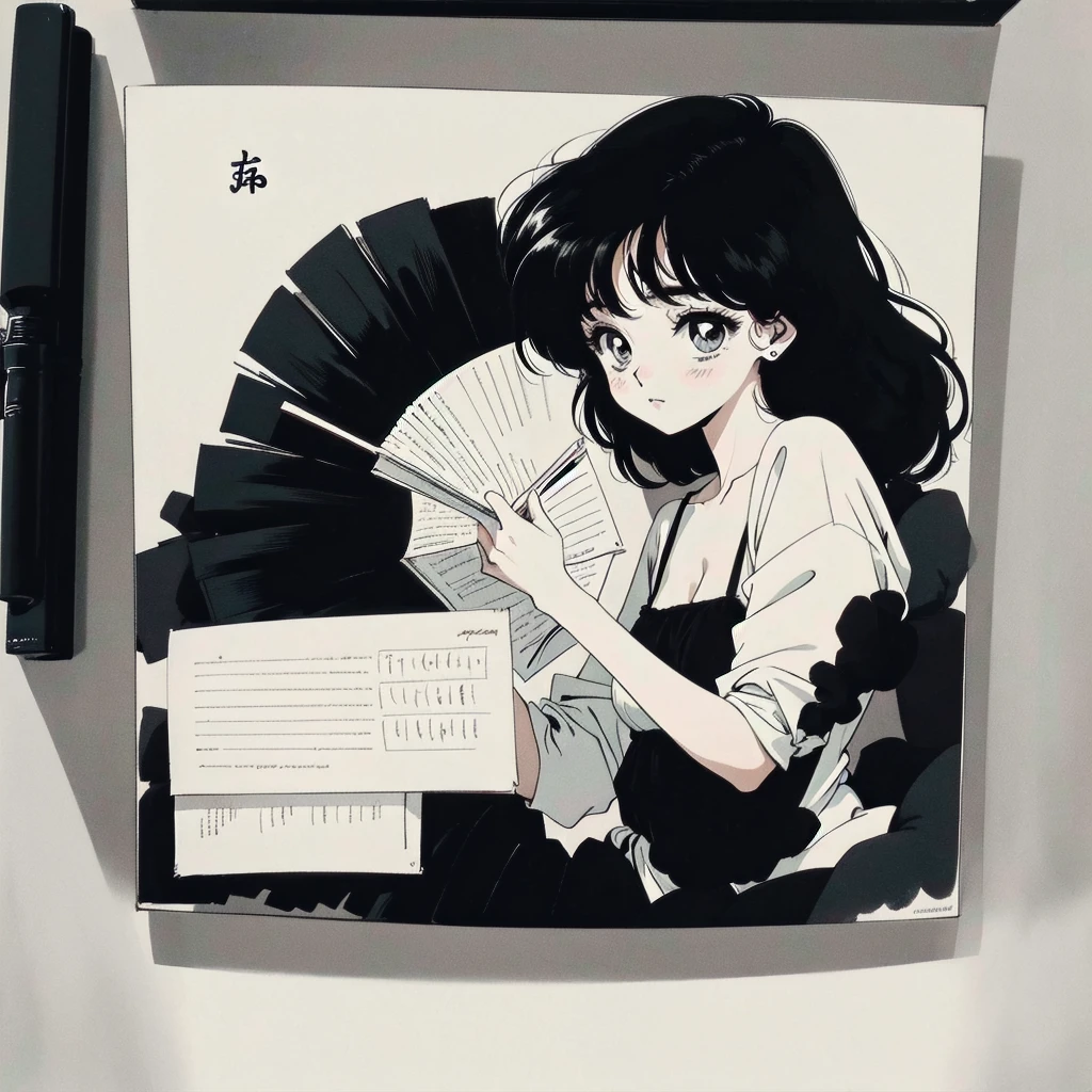 black hair, writing diary, black and white