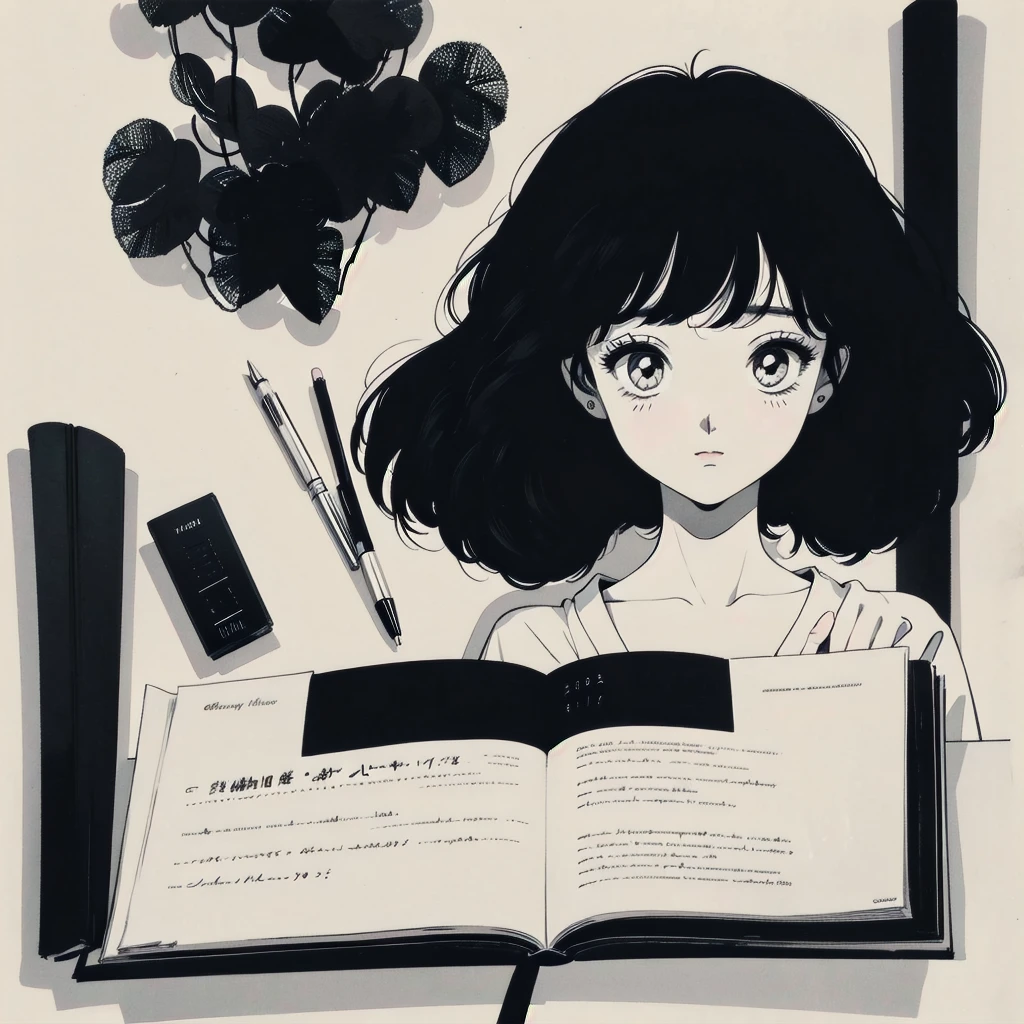 black hair, writing diary, black and white