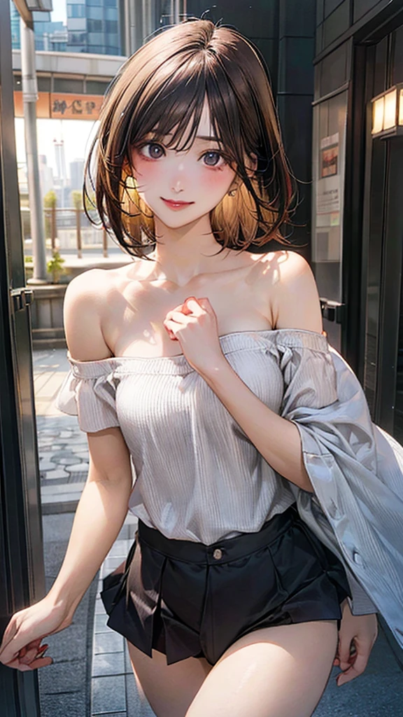(masterpiece:1.2, top-quality), (realistic, photorealistic:1.4), beautiful illustration, (natural side lighting, movie lighting), nsfw,
looking at viewer, 1 girl, japanese, high school girl, perfect face, cute and symmetrical face, shiny skin,
(short hair:1.5, bob cut:1.6, brown hair), blunt bangs, hair between eyes, grey eyes, drooping eyes, slant eyes, long eye lasher, (),
beautiful hair, beautiful face, beautiful detailed eyes, beautiful clavicle, beautiful body, beautiful chest, beautiful thigh, beautiful legs, beautiful fingers, pulling her shirt down, bra showing more skin,
((, no clothes, off shoulder strapless, panties )),
(beautiful scenery), evening, (park, cityscape in the distance), walking, (lovely smile, upper eyes),