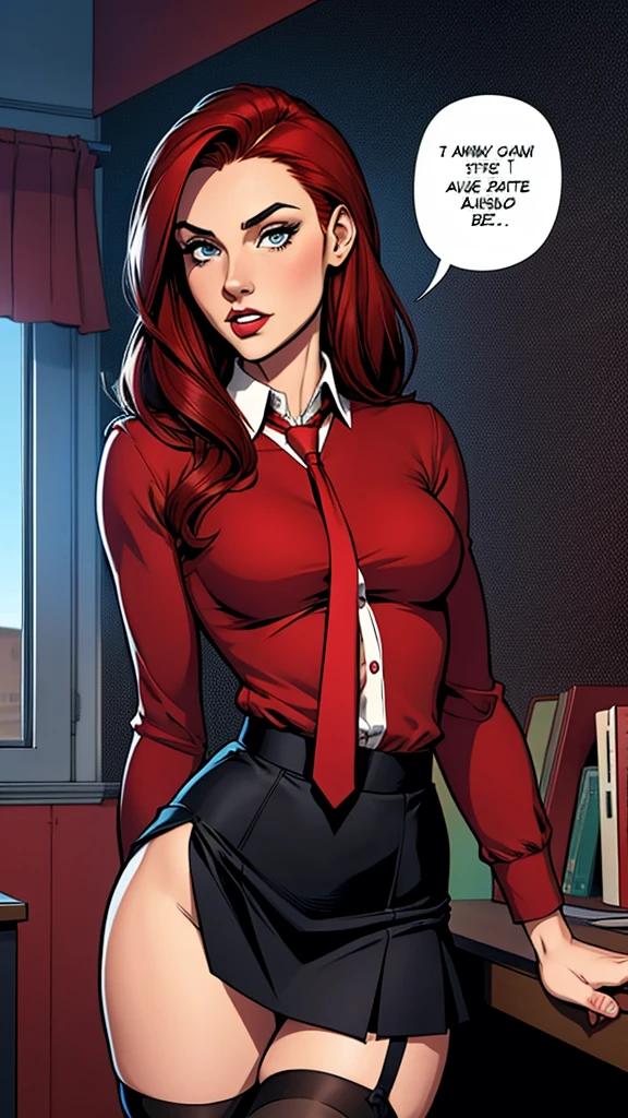 Tall, slender ((redhead)) woman of Irish descent. (pale:1.3)complexion. blue eyes, cute butt, nice legs. Lustful eyes, mischievous smile. Eyeglasses, Mascara, red lipstick, necklace, black pencil skirt, white blouse, black pantyhose, stiletto heels. Lawyer, in office. ((Aroused)), flirtatiously lifts her skirt.