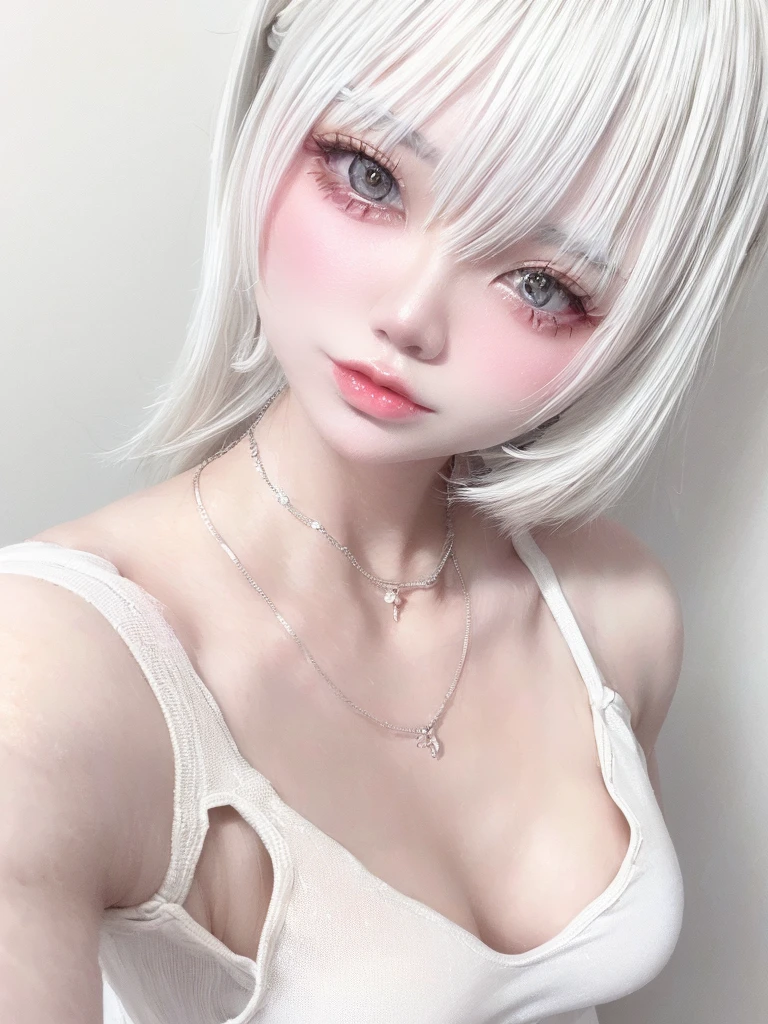(((amount、White 、Asian Woman、beautiful girl、Silver Hair、White Background、)))、Tabletop, Highest quality, shape, Very detailed, finely, High resolution, 8k wallpaper, Perfect dynamic composition, finelyて美しい目, Deco Out, Medium Hair, Small breasts, Natural color lip,White Background, Random cute poses,White tank top、(((See-through 1.5)))、Necklaces and earrings、
