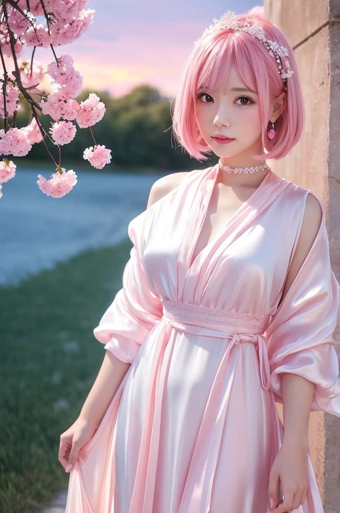 Pink haired goddess with pink sky background、Create an image of yourself wearing a white silk dress