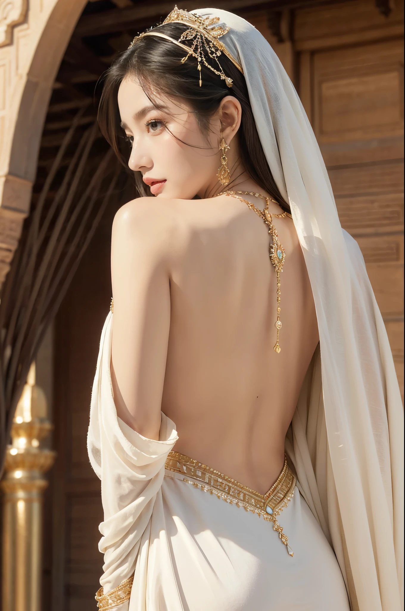 (((best quality))),(((ultra detailed))),(((masterpiece))),illustration,1girl, solo,princess, Arabic,slim,thin, ((palace, desert)), gold, gemstones,headscarf, veil on face,white sheer traditional clothing, hairband, deep eyes, elegant face, subtle smile,earrings,necklace, sunlight, shining, serene, environment,day scene,out door,standing,((upper body,from back)),((bare back,towering hips,butt crack))

