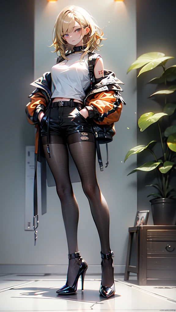 1 girl, short yellow hair, cyberpunk, Alice in Wonderland, black high heels, hand in pocket, best quality, 4k, 8k, highres, masterpiece:1.2, ultra-detailed, realistic, photorealistic, photo-realistic:1.37, HDR, UHD, studio lighting, ultra-fine painting, sharp focus, physically-based rendering, extreme detail description, professional, vivid colors, bokeh, concept art