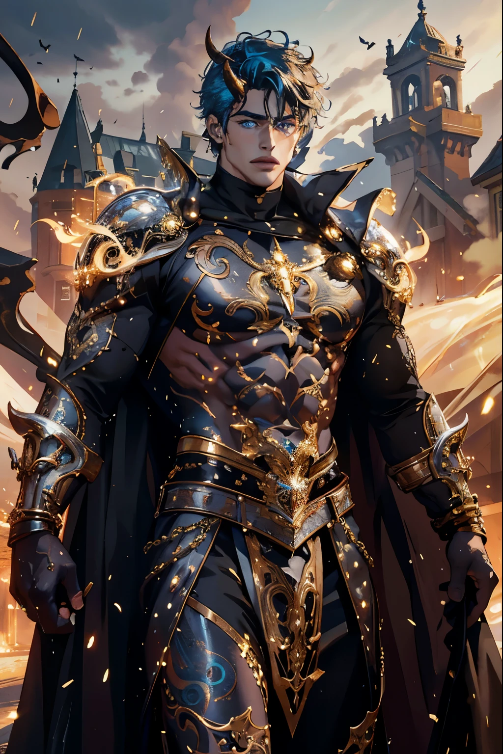 8K, complex, elegant, Highly detailed, majestic, digital photography, surreal painting, defeat magic, Sinuous Lightning, (masterpiece, Side light, fine and beautiful eyes: 1.2), HDR, (bright blue eyes)), Naked upper body, (bright tattoo), handsome boy, cana, musculature, black skin, demon horn, Raining, handsome, in front of camera, masterpiece