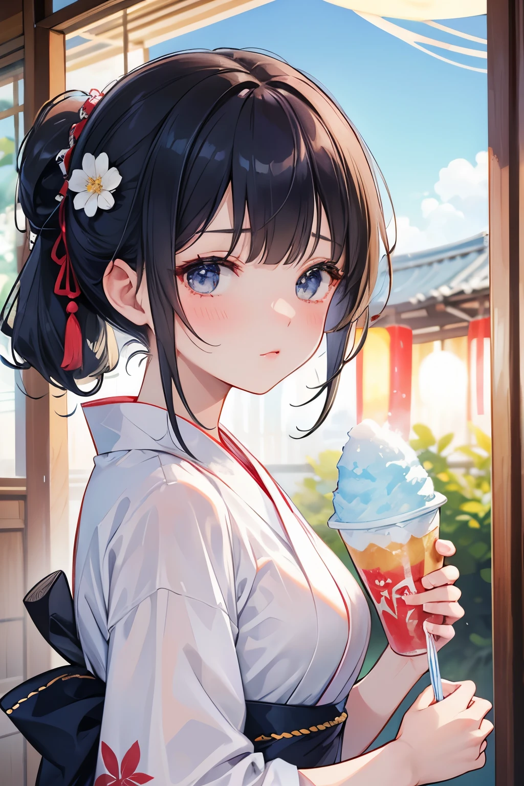 woman、Hair tied up、Straight Bangs、High resolution、Summer festival、yukata、Navy、shaved ice、Daytime、Sweat