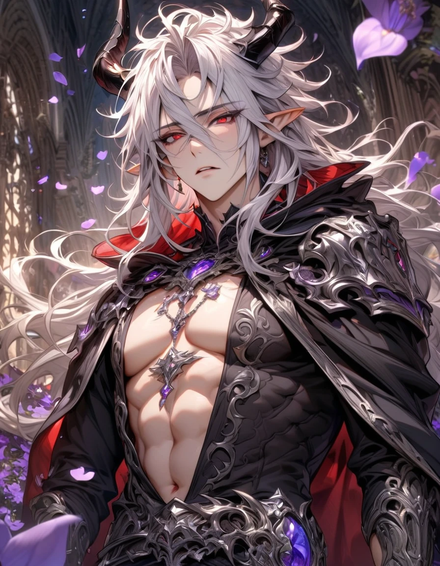 absurdres, highres, ultra detailed, HDR, master piece, best quality, Krozerus, white hair, spiked and messy hair, long hair, hair between the eyes, expressive red eyes, Dream and Legacy, solo, sexy man, handsome, demon, slightly pointy ears, black horns, black cape, bare chest, belt around his chest, silver jewelry, silver accessories, fantasy, shining, purple flowers, blossoms, magical, purple petals