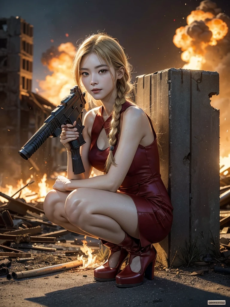 (Top quality,Ultra HD,lifelike: 1.4)(Cowboy Shooter 1),Beautiful armed girl, (K-Pop Idol) ,Detailed face,opposition,Perfect anatomy,Smooth skin,Professional lighting, (Wearing a red super short flame pattern aqua dress,Red high heels,blond,Close-up shot of a girl with two short braids squatting),Victory in battle,Smile of victory(background,Destroyed buildings,Fire, (Huge explosion) ) ,For the audience,Full body close-up, (Holding weapon, Holding rifle, Purposeing, Purpose:1.2), gun, H&k hk416, 马gun, Fire,