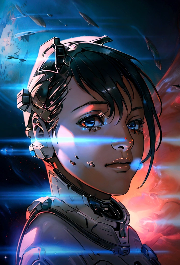 (best quality, 4K, 8K, A high resolution, Artwork:1.2), (realistic, photorealistic, photorealistic:1.37), astronaut floating in space, in the background we have a black hole and some stars, science fiction, Retro technology futuristic, starry fog, exploration, adventure, mystery, Galactic environment, exalted, isolated heroine, interstellar travel, dramatic contrast, distant planets, majestic face, science fiction fashion, smoke and fog effects, contrasting textures, timeless beauty