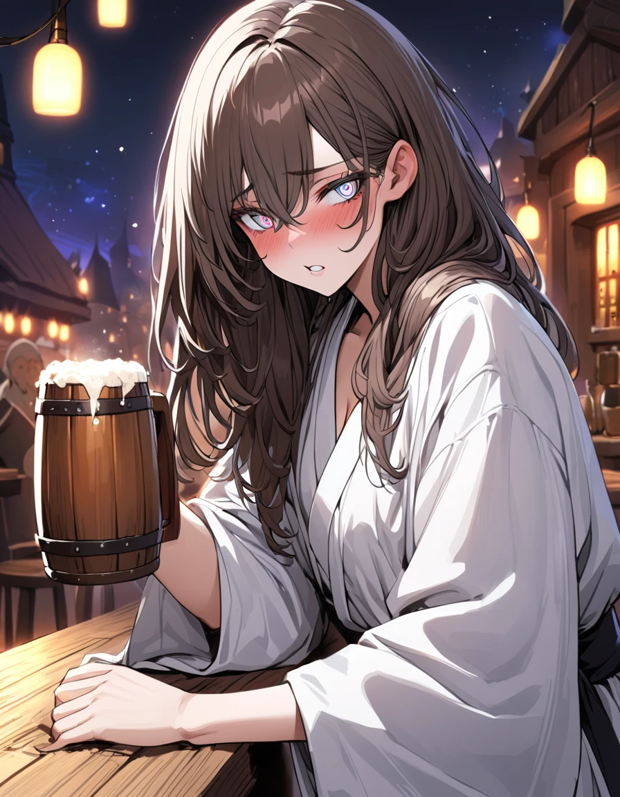 Adult Female, very short brown hair, grey eyes, scar on left cheek, drunk, white cleric robes, fantasy tavern, nighttime, mixed patrons, drinking from tankard, not looking, far away, apathetic, highly detailed, high quality, perfect anatomy, tired, messy hair, perfect eyes, vibrant eyes