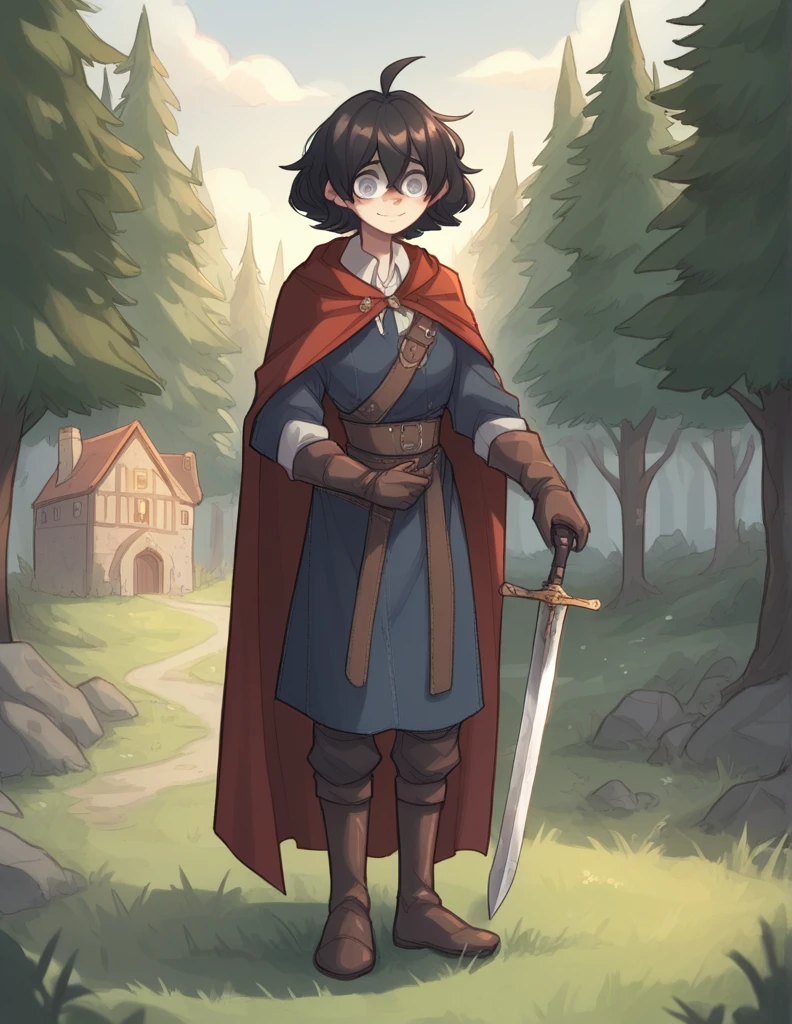 1 girl, alone, black fur, short hair, messy fur, Ahoge, grey eyes, blind eyes, kind eyes, very nervous, beautiful smile, sweet look,
Pechera medieval, medieval knee pads, underwear, medieval boots, medieval gloves, red cape, cape to the feet,
Medieval shield on the back, SWORD AT THE WAIST, piernas expuestas, brazos expuestos,
castle background, background forest, magical landscape,