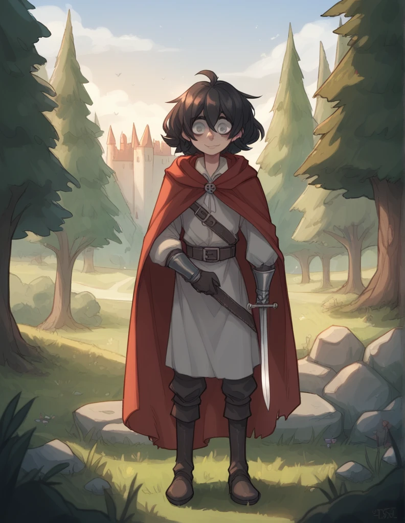 1 girl, alone, black fur, short hair, messy fur, Ahoge, grey eyes, blind eyes, kind eyes, very nervous, beautiful smile, sweet look,
Pechera medieval, medieval knee pads, underwear, medieval boots, medieval gloves, red cape, cape to the feet, 
Medieval shield on the back, SWORD AT THE WAIST,  piernas expuestas, brazos expuestos,

castle background, background forest, magical landscape,
