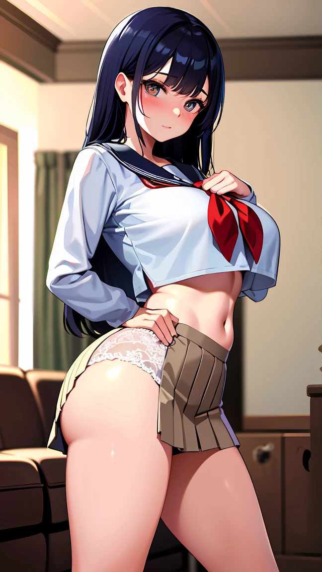 A beautiful anime-style woman standing in the living room, posing in a sailor uniform, surprised to see me, embarrassed
,black middle hair,  
absurdres, highres, ultra detailed,saggy tits,large breasts,,constricted pupils,long pleats skirt,
Very big ass, look  at me,
In the middle of putting on a pleated skirt. Beige lace underwear
