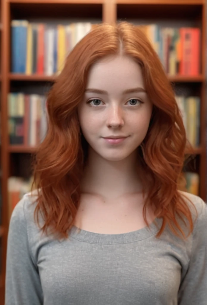 A full length photo of a 24-year-old woman with wavy red hair, in a cute and flat-chested appearance, standing in a library, highly detailed, photorealistic, (best quality,4k,8k,highres,masterpiece:1.2),ultra-detailed,(realistic,photorealistic,photo-realistic:1.37),HDR,UHD,studio lighting,ultra-fine painting,sharp focus,physically-based rendering,extreme detail description,professional,vivid colors,bokeh,portrait