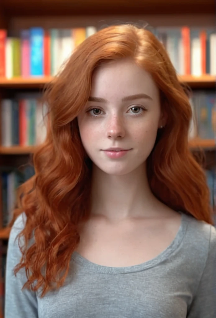 A full length photo of a 24-year-old woman with wavy red hair, in a cute and flat-chested appearance, standing in a library, highly detailed, photorealistic, (best quality,4k,8k,highres,masterpiece:1.2),ultra-detailed,(realistic,photorealistic,photo-realistic:1.37),HDR,UHD,studio lighting,ultra-fine painting,sharp focus,physically-based rendering,extreme detail description,professional,vivid colors,bokeh,portrait