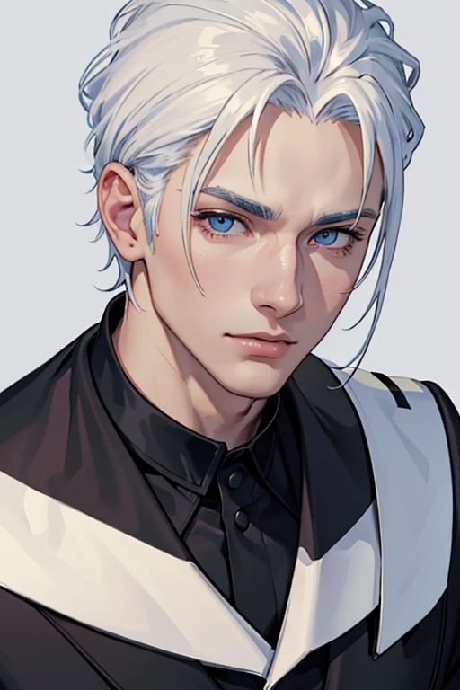(masuter piece,Best Quality,Ultra-detailed), (A detailed face),Gojo Gojo,Adult men who have retained their boyhood,Solo, white  hair, Blue eyes, black suits,(in bad: 1.2), Looking at the viewer, (interview: 1.3), From  above, sharp contrast, Beautiful detailed eyes, Close Up Shot,magazine title,Mafioso