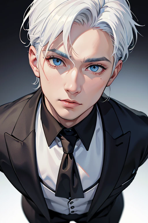 (masuter piece,Best Quality,Ultra-detailed), (A detailed face),Gojo Gojo,Adult men who have retained their boyhood,Solo, white hair, Blue eyes, black suits,(in bad: 1.2), Looking at the viewer, (interview: 1.3), From above, sharp contrast, Beautiful detailed eyes, Close Up Shot,magazine title,Mafioso