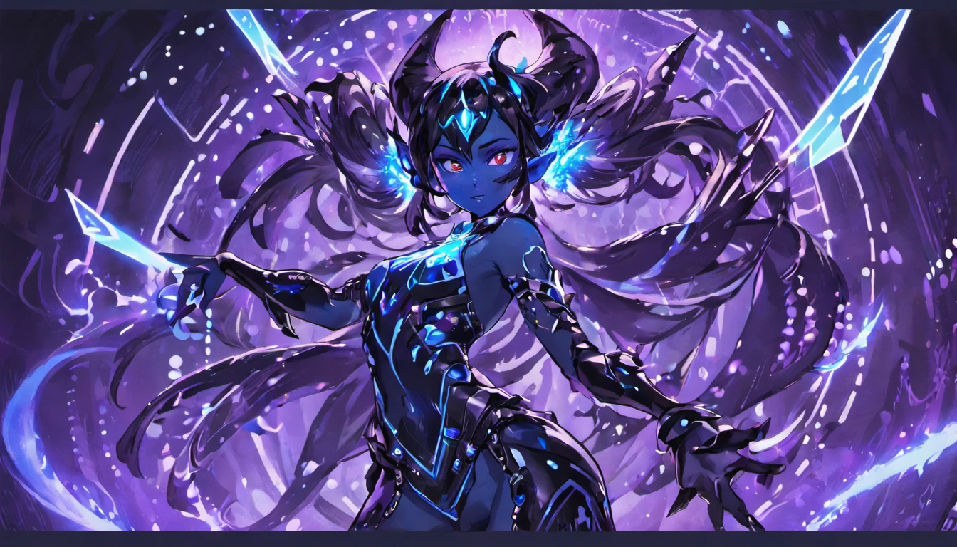 blue humanoid cavatar with bioluminescent avatar markings, full body, bare feet, magical technological tribal clothing, dots and patterns on its skin. Pointy elf ears. avatar like hair, hair color: black, bright sparkling blue eyes, slightly shimmering iridescent blue skin. female, warrior like, magical and mystical, Detailed and realistic. Blue skin tone only. Only blue colored skin. Skin color all blue. Wide and deep scenery, dynamic scene with a sense of movement, several planes of depth, magical light with cold tones, brilliant aura. In the background, an epic view, with exuberant nature and an ancient technological city highlighted, with neon highlighting the buildings.