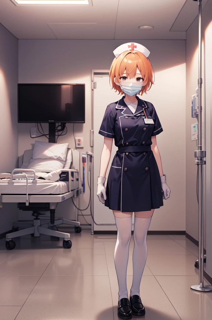 1girl, solo, nurse, nurse cap, white nurse uniform, ((white legwear, zettai ryouiki)), white gloves, very short hair, orange hair, ((white surgical mask, covered nose)), standing, ((hospital room)), sharp outline, short sleeves, tomboy, boyish, best quality, masterpiece