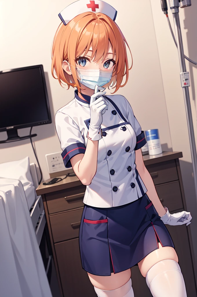 1girl, solo, nurse, nurse cap, white nurse uniform, ((white legwear, zettai ryouiki)), white gloves, very short hair, orange hair, ((white surgical mask, covered nose)), standing, ((hospital room)), sharp outline, short sleeves, tomboy, boyish, best quality, masterpiece