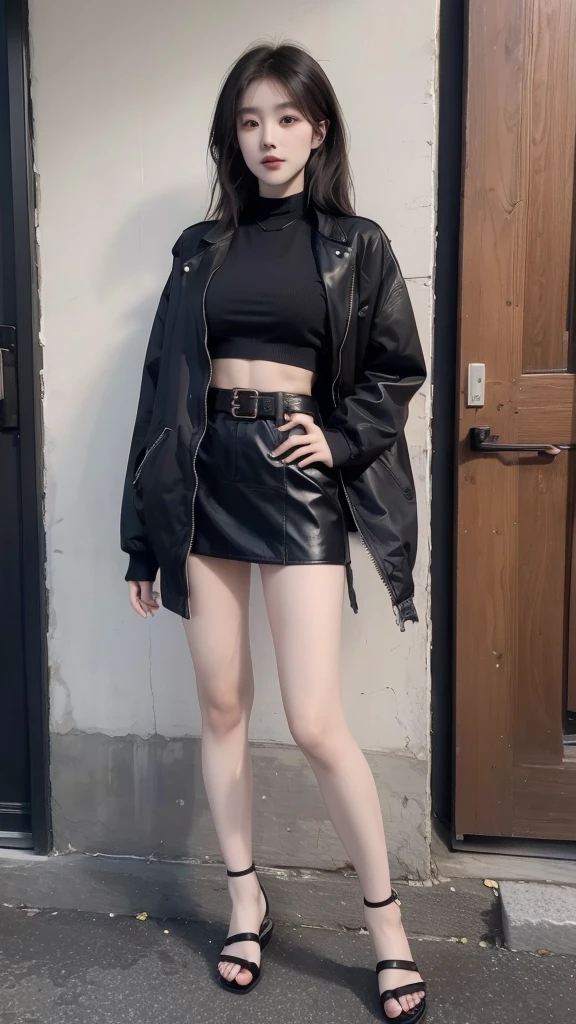 Japanese woman has six pack abs wearing a black jacket, crop top, short skirt, wearing sandals, black polish, hair, photo in the city with use belt
