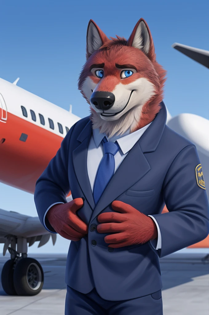 Ivan Fedorovich Wolfbach (Novosibirsk) ,высокий Beautiful, wolf,young, 24 years, brown fur,Kind,(red body:1.3),beautiful blue eyes,Novosibirsk,dressed,civil aviation pilot uniform,White shirt,epaulets командира, черный tie, trousers,airline pilot, commander&#39;s cap, trousers,canine, wolf, detailed fur, male, second, paw pads, finger claws,At the viewer, 5 fingers, paws, 5 fingers, smile, wrist watch, т nextel,by xenoforge, (difficult, high detail, digital photography, soft focus, RAW,goes for a walk, ,Very close to the camera,airport,Novosibirsk, smile, good mood, positive, Very close to the camera,without hair, epaulets captain, shoulder straps yellow stripe 4, 
Photorealism, realistic, photorealistic, digital style, Subsurface scattering,I look at the viewer,стоит White shirt, epaulets, captain, trousers, tie, next to a ussr plane Il-76md plane,smile, teeth, Beautiful, 
masterpiece, Best quality, ultra realistic, 8 thousand.)