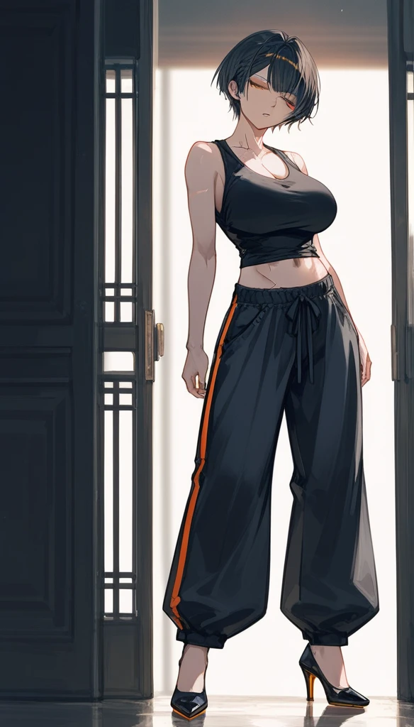 masterpiece, Score_9, Score_8_up, Score_7_up,1 woman, alone, black hair, very short hair, split bangs, gold and orange eyes, half-closed eyes, parted lips, expressionless, pale skin, large breasts, many scars, one scar on one eye, best quality, long open bangs, black sleeveless shirt, black V-neck, baggy pants, high heels
