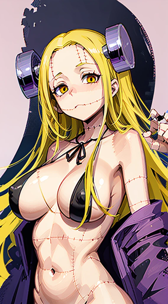 Madaraki_Fran,A girl ,stands,awkward,the madhatter ,surgeon ,wrinkles,concerned,(()), hairlong , yellow hair,seams , Scars on the body , A creepy look , scary eyes , An intimidating look , creepy smile , bags under eyes, ((((Tired))))nude,puffy nipple,huge breasts,1boy,titjob,paizuri,penis
