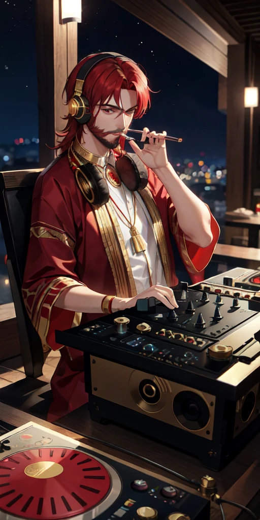 top-Quality, Arabian night, red hair, golden eyes, thin beard, smoking, young man, headphones around his neck, Arabian clothes, DJ