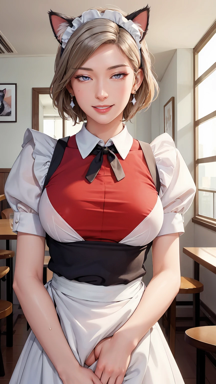 ((((masterpiece, Highest quality, High resolution)))), Extremely detailed 8K, Beautiful girl with a voluptuous body, (Ultra HD, Super detailed, Very detailed, Very realistic, Ultra-realistic, Photo Real), (One girl:1.5), (Realistic white hair), (Short Wavy Hair, hair ornaments, Earrings), (Dynamic pose), To the camera, View your viewers, (blush, Embarrassing, smile), (Purple eyes, Sharp eyes), (Firm breasts:1.2), (Beautifully detailed face, Beautiful attention to detail), ((Maid clothes, Maid Apron, Cat Ear Headband)), (detailed pussy), Sweat, shine, (Sunbeam, sunlight), coffee shop, ((Highest quality、High resolution))、Portraiture、Perfect body、Beautiful and bountiful breasts、Sexually excited expression、((throw、maid shows pussy))、Love Juice、I'm inviting you to have sex,(nsfw)