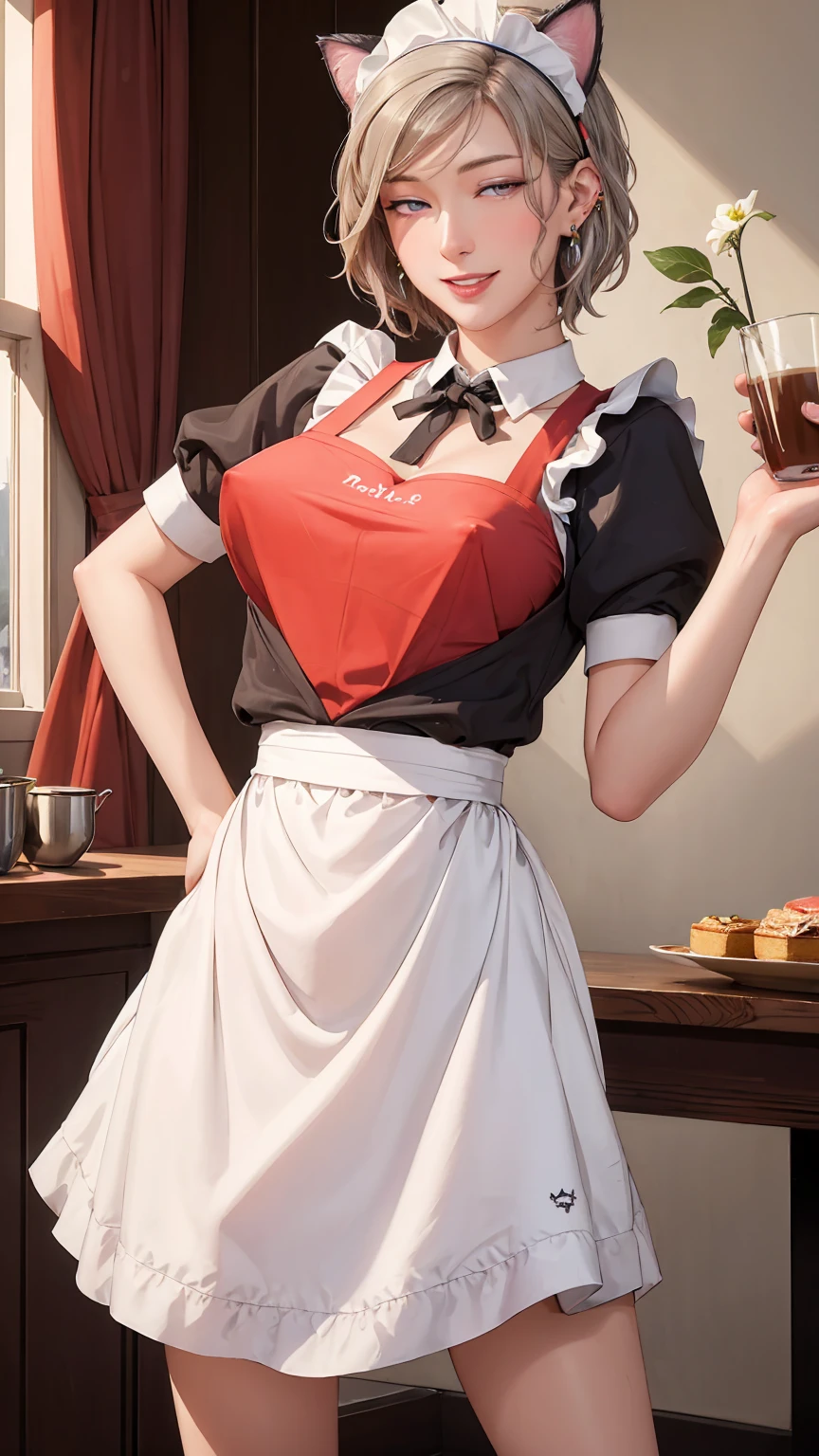 ((((masterpiece, Highest quality, High resolution)))), Extremely detailed 8K, Beautiful girl with a voluptuous body, (Ultra HD, Super detailed, Very detailed, Very realistic, Ultra-realistic, Photo Real), (One girl:1.5), (Realistic white hair), (Short Wavy Hair, hair ornaments, Earrings), (Dynamic pose), To the camera, View your viewers, (blush, Embarrassing, smile), (Purple eyes, Sharp eyes), (Firm breasts:1.2), (Beautifully detailed face, Beautiful attention to detail), ((Maid clothes, Maid Apron, Cat Ear Headband)), (detailed pussy), Sweat, shine, (Sunbeam, sunlight), coffee shop, ((Highest quality、High resolution))、Portraiture、Perfect body、Beautiful and bountiful breasts、Sexually excited expression、((throw、maid shows pussy))、Love Juice、I'm inviting you to have sex,(nsfw)