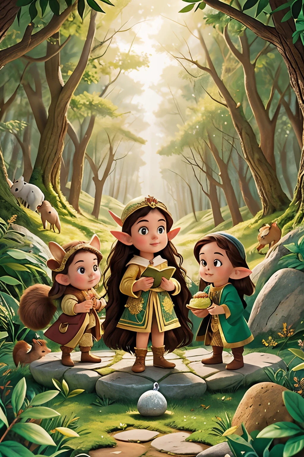 Make me the cover of a book with the title Sofia and the Magic Stone where a appears holding a shiny stone in a forest with an elf and a little squirrel and with an evil wizard lurking