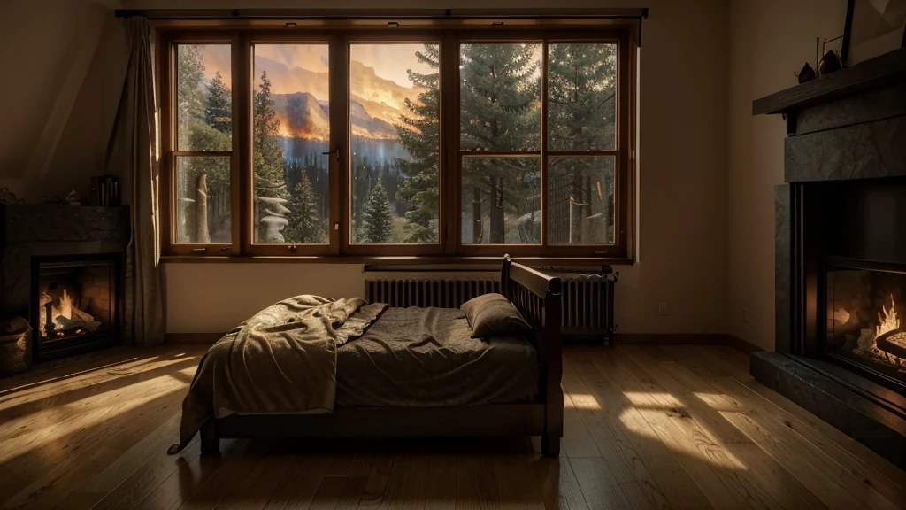 arafed bedroom with a fireplace and a bed in front of a window, cozy place, bedroom full of fire, cozy atmospheric, cozy and calm, large windows to forest at night, cozy and peaceful atmosphere, dream like atmosphere 8k, cozy room, cozy environment, inspired by Gregory Crewdson, 8 k landscape render, cozy bed, atmospheric render