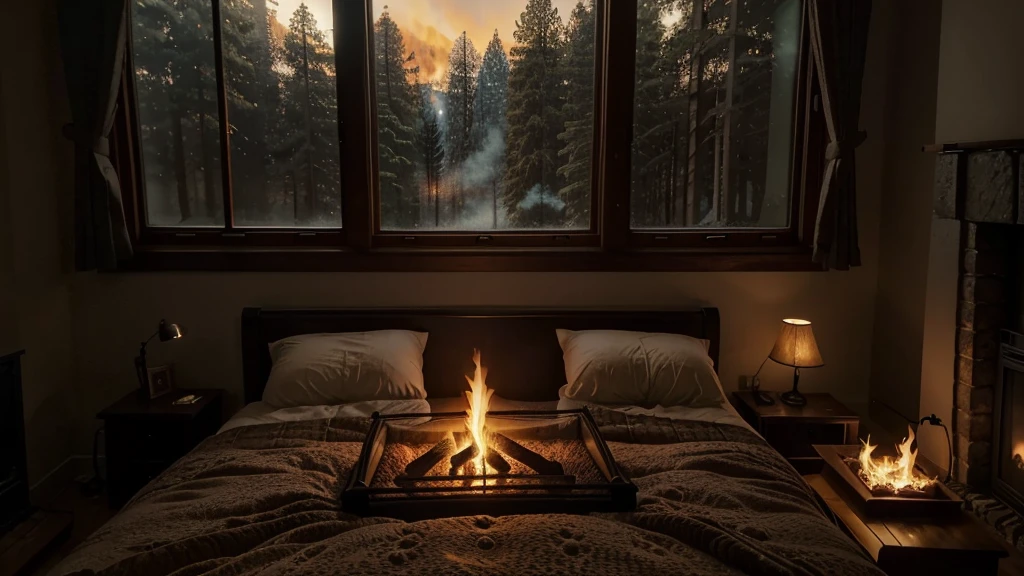 arafed bedroom with a fireplace and a bed in front of a window, cozy place, bedroom full of fire, cozy atmospheric, cozy and calm, large windows to forest at night, cozy and peaceful atmosphere, dream like atmosphere 8k, cozy room, cozy environment, inspired by Gregory Crewdson, 8 k landscape render, cozy bed, atmospheric render