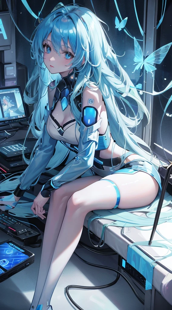 Glowing blue butterfly,emulsion,1 Girl,Blue long hair,masterpiece, best quality,high resolution,Detail Enhancement,Best quality,Perfect image quality,Cool and elegant,Beautiful and gentle,Cyberpunk characters